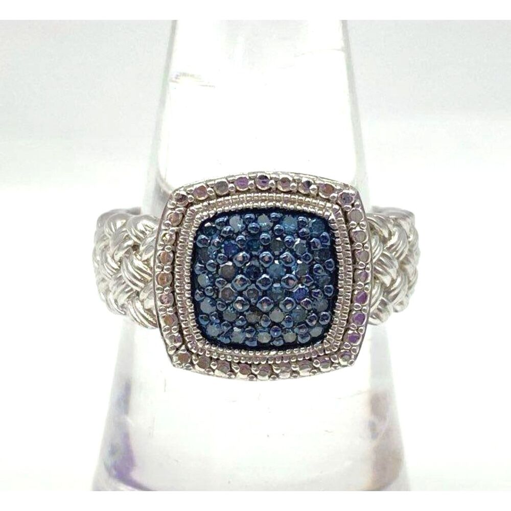 Designer JS 925 Sterling Natural Blue Diamond Woven Pave Ring Size 7 - 6.67g